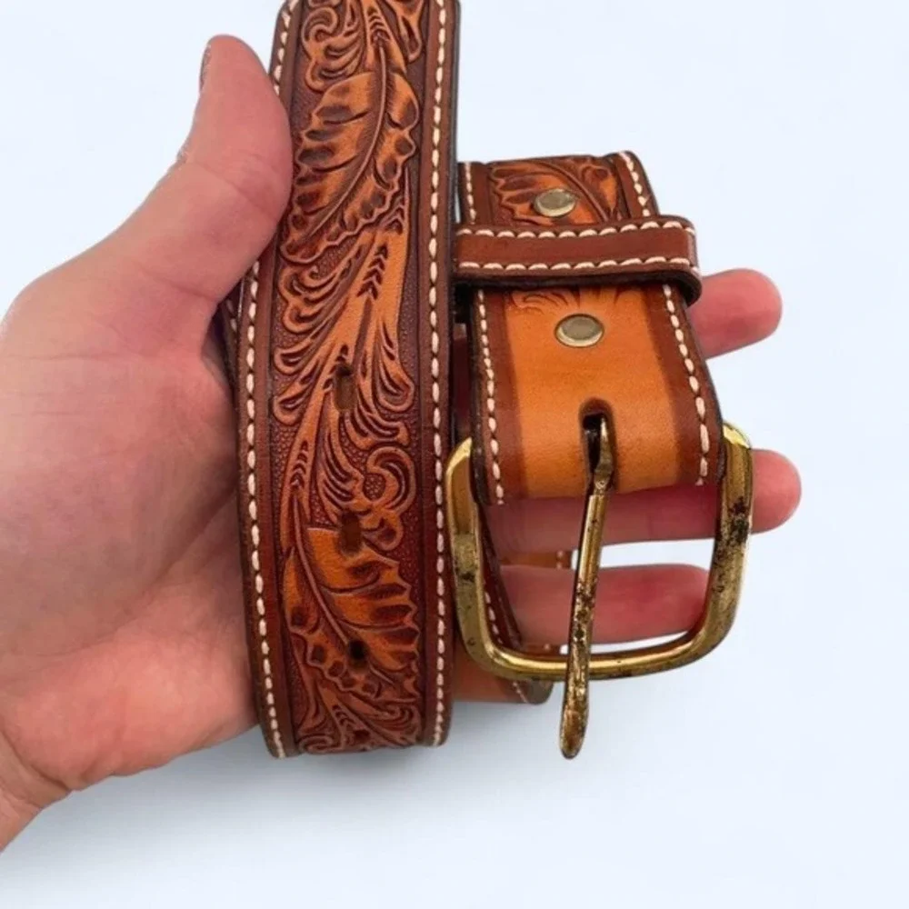 Circle Y Kids Brown Floral Tooled Leather Western Belt Size 28 Brass Buckle